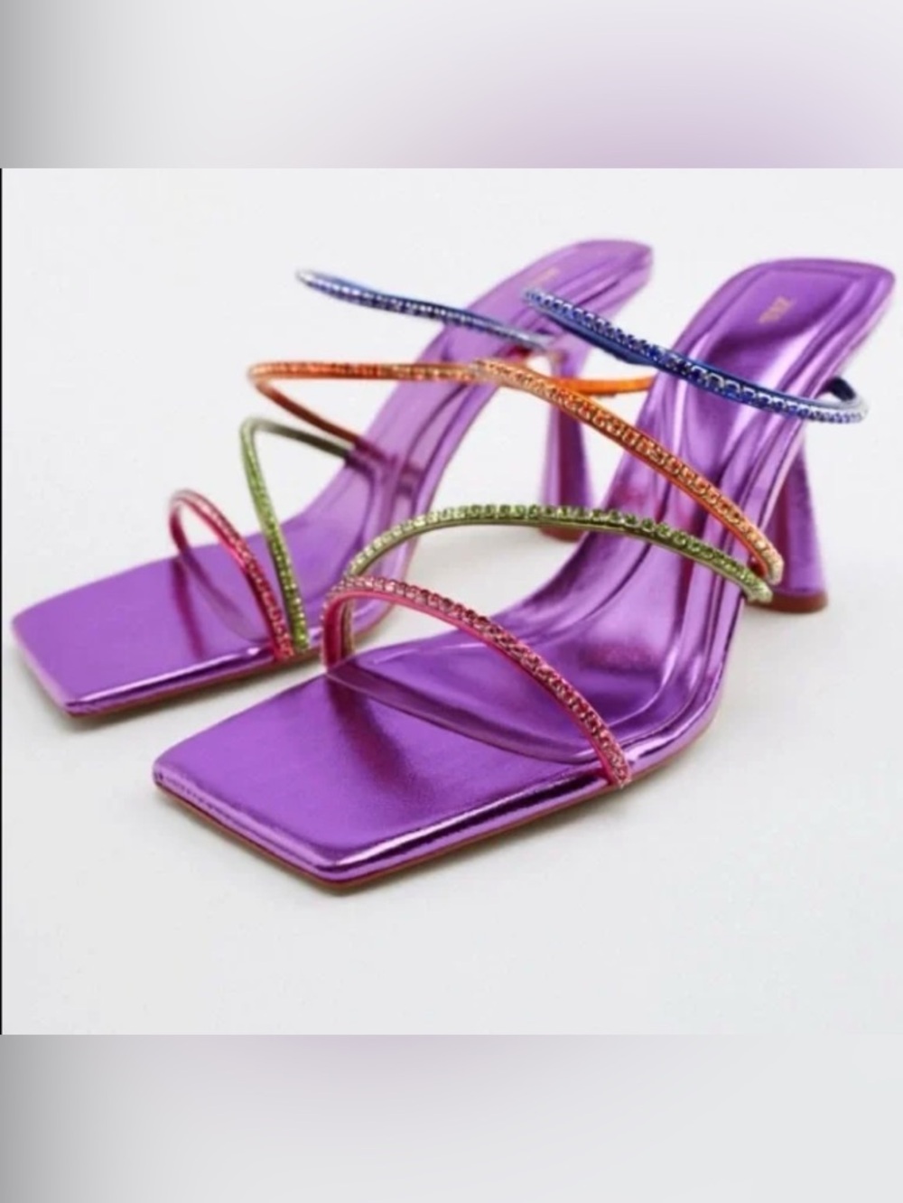 Zara Purple Metallic Strappy High-Heel Sandals with Multicolor Rhinestones
